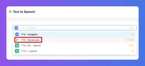 Text to Speech interface displaying a list of audio files, with 'TTS - Flowers.aix' highlighted.