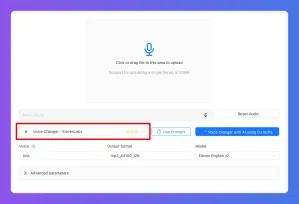 Voice changer web interface displaying file upload and an 'Intermediate' voice selection highlighted.