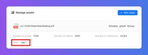 Interfaz que muestra la gestión de activos de documentos con detalles de archivos, estadísticas de contenido y etiquetas.