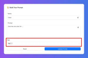 Formulario web para "Crear tu prompt" con el campo "Etiquetas" resaltado, mostrando "etiqueta1, etiqueta2".