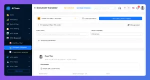 A document translator interface displaying options for file upload and a translation history for 'whitepaper-web3.docx'.
