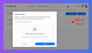 A modal window showing options to import prompts from a CSV file.