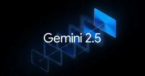Texto de Gemini 2.5 con formas geométricas abstractas azules brillantes sobre un fondo oscuro.