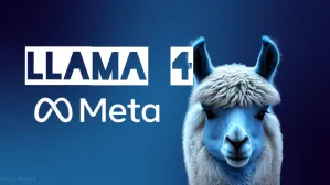 Una llama estilizada con reflejos azules en la cara junto a los logotipos de "LLAMA 4" y "Meta".