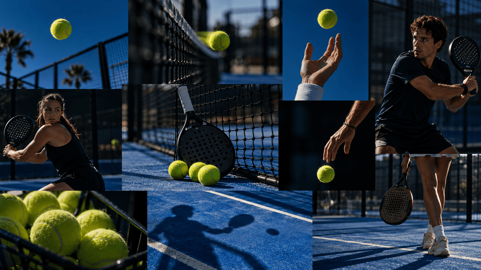 Collage showing padel tennis players, rackets, and balls on a blue court.