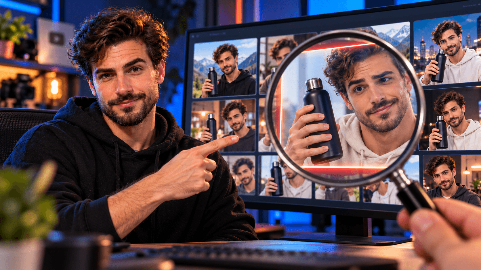 A man points to a computer screen displaying various photos of himself, one magnified.