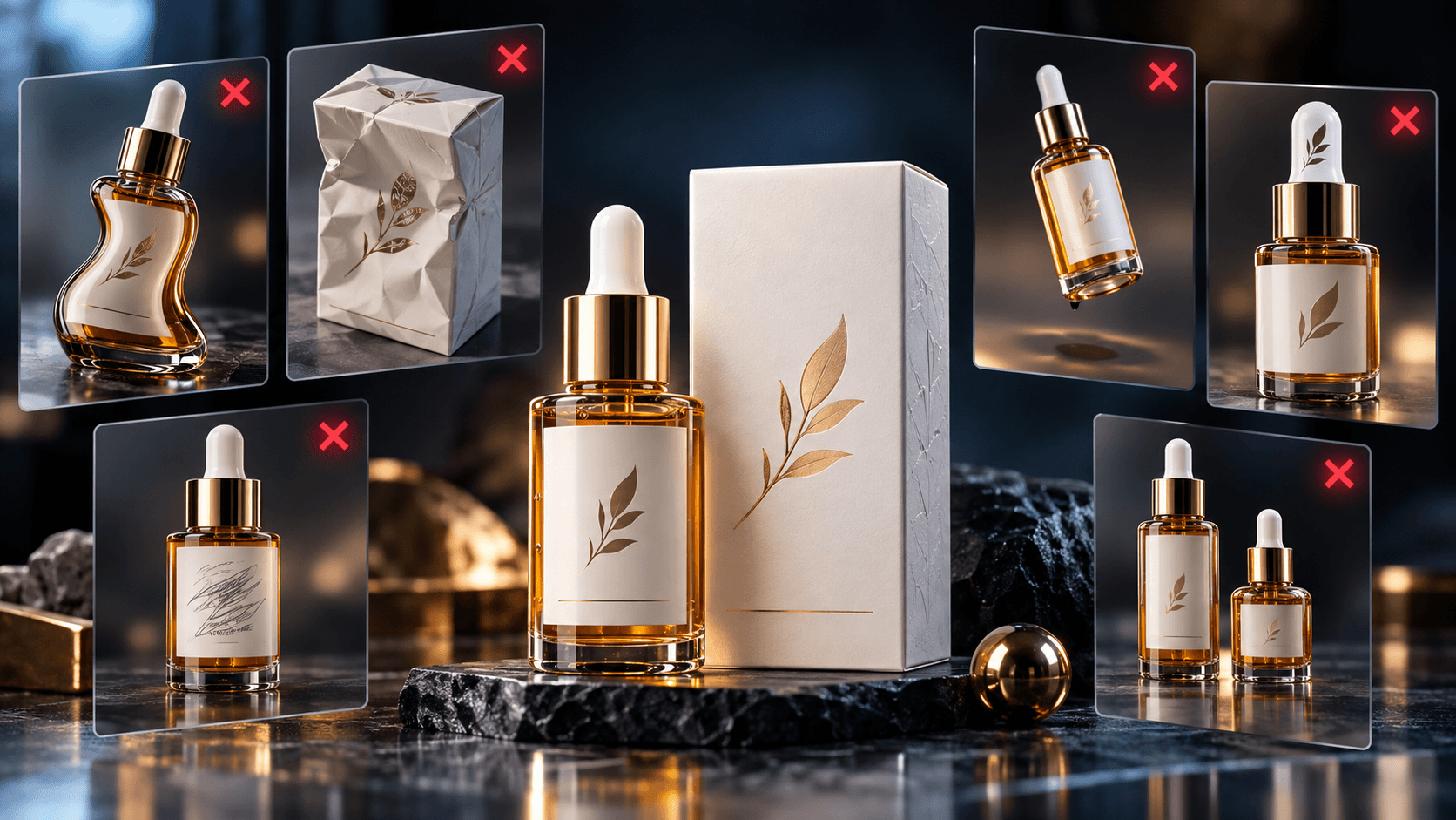 Dropper bottle with golden leaf logo next to its box, surrounded by rejected packaging variations.