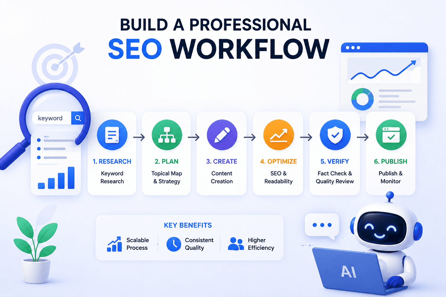 Infographic detailing a six-step professional SEO workflow: Research, Plan, Create, Optimize, Verify, Publish.