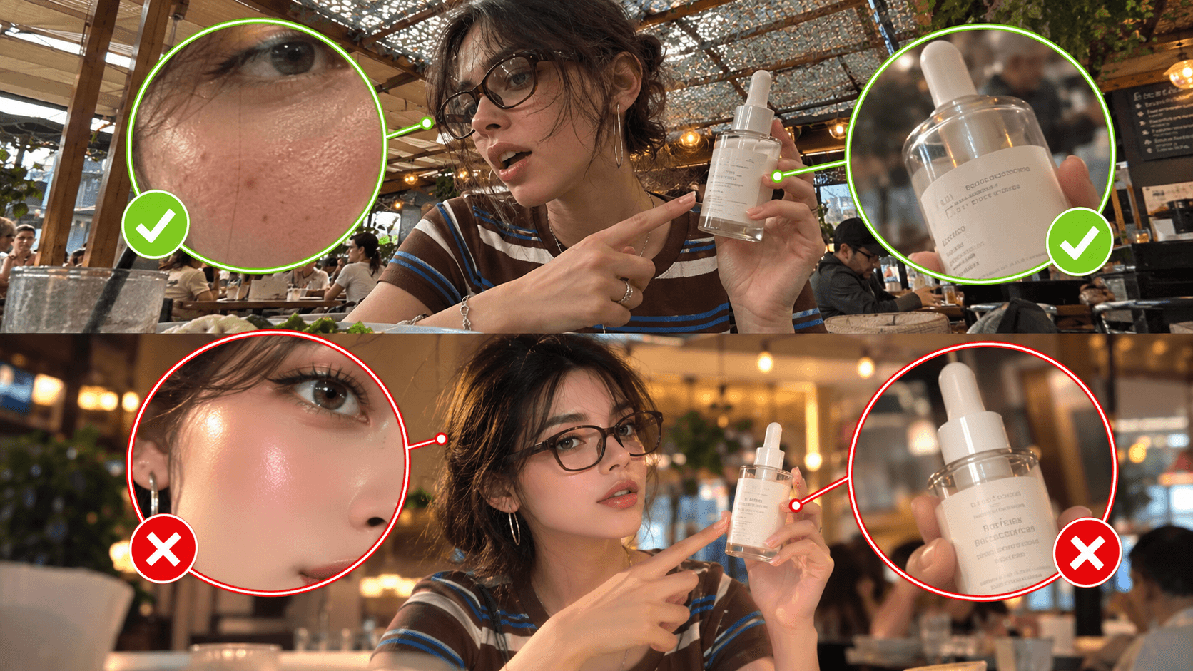 Comparison showing real skin texture and clear product details versus filtered skin and blurry packaging.