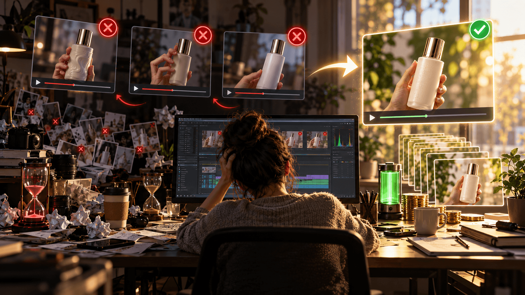 Woman editing product videos, moving from rejected takes to a perfectly approved shot.