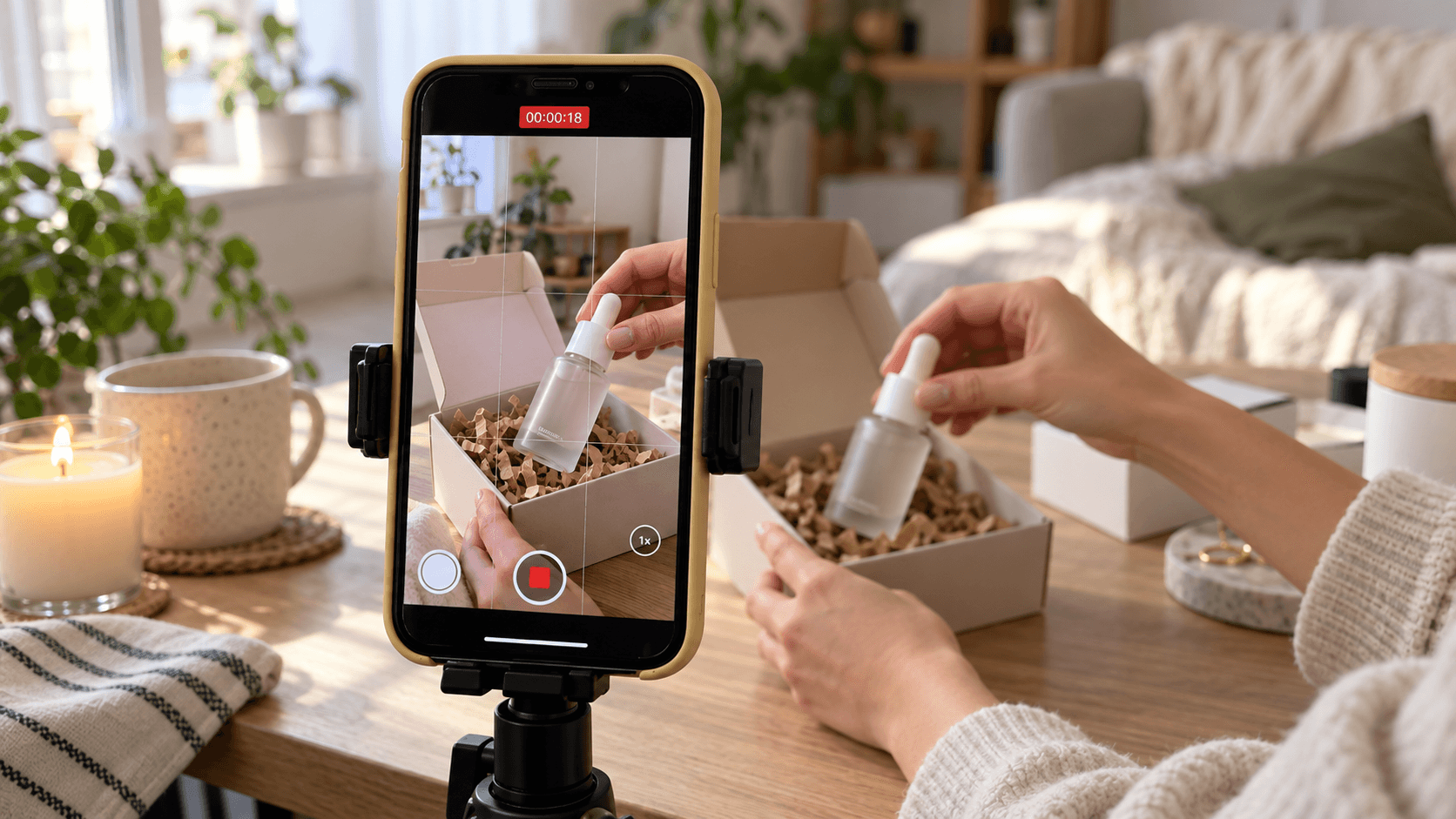 Smartphone on tripod recording hands unboxing beauty products from a cardboard box.