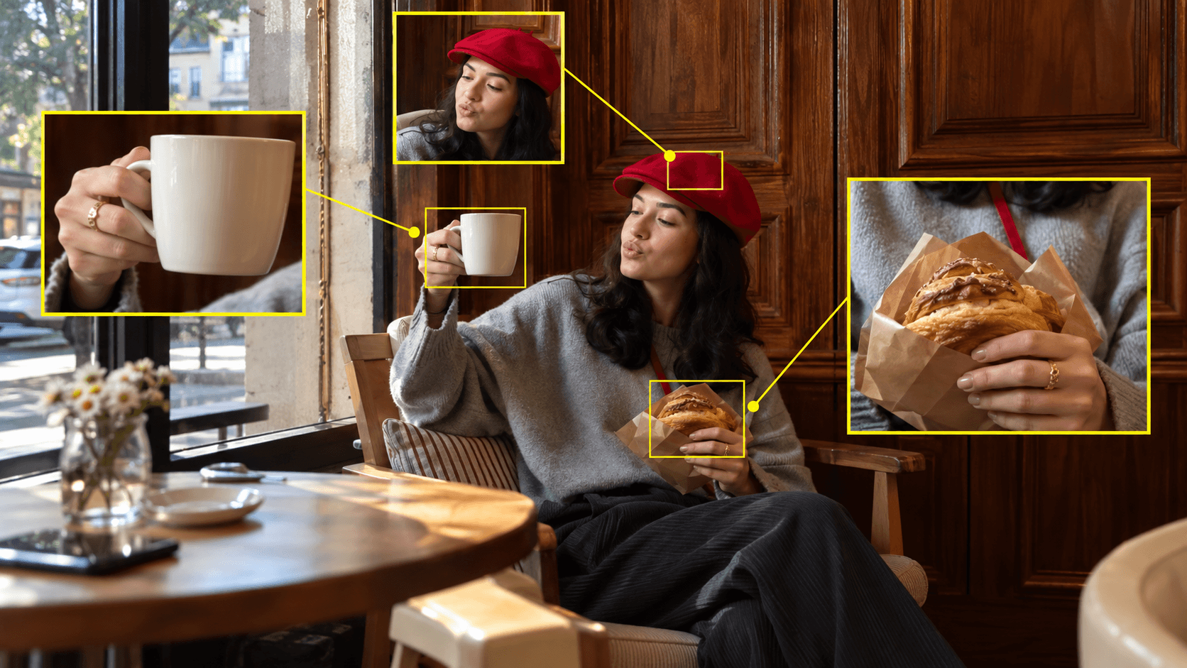 A woman in a red beret enjoying coffee and a pastry in a cozy cafe.