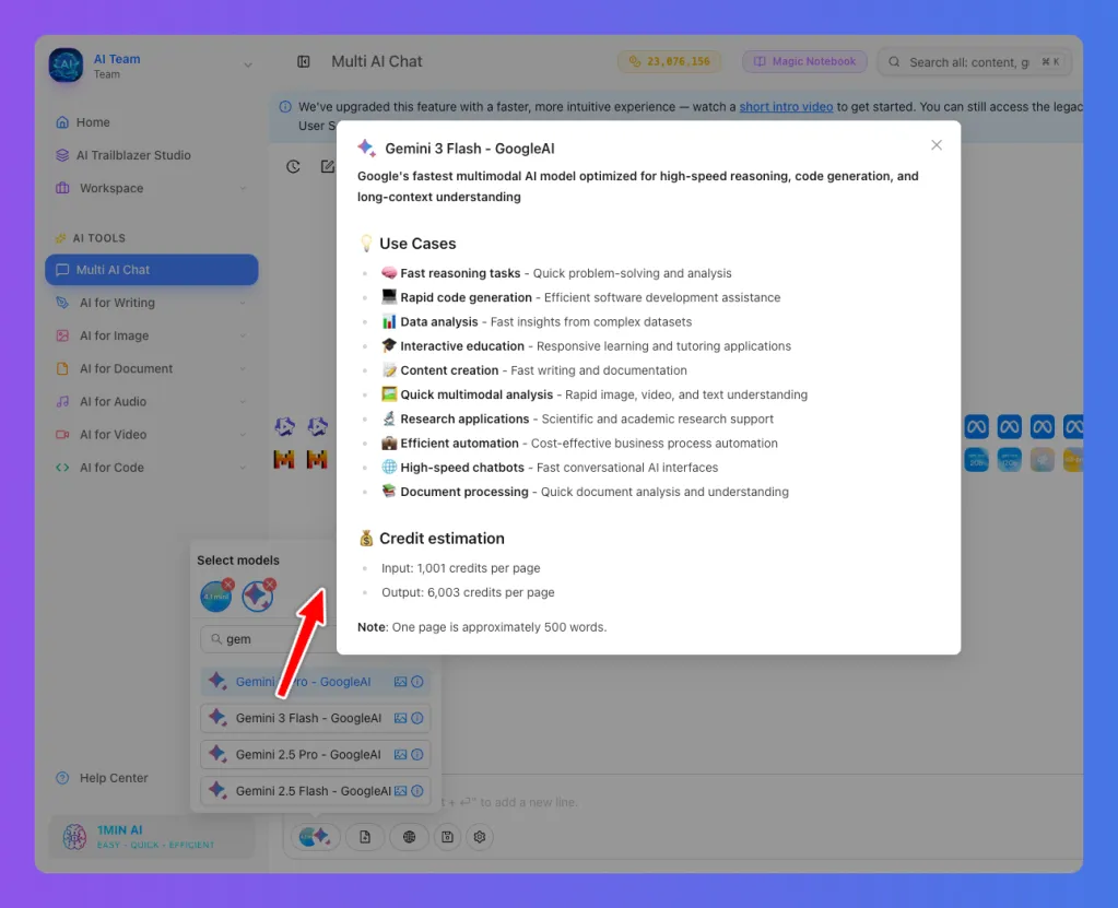 Software interface with a pop-up window titled 'AI Demos & Tools - Complete' listing various skills.