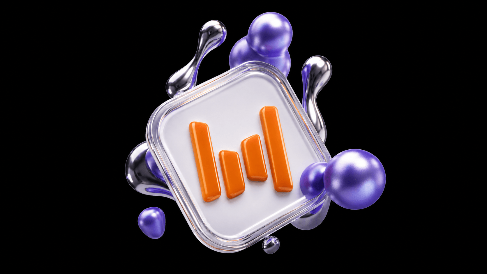3D orange bar chart icon within a white square, surrounded by purple and silver liquid blobs.