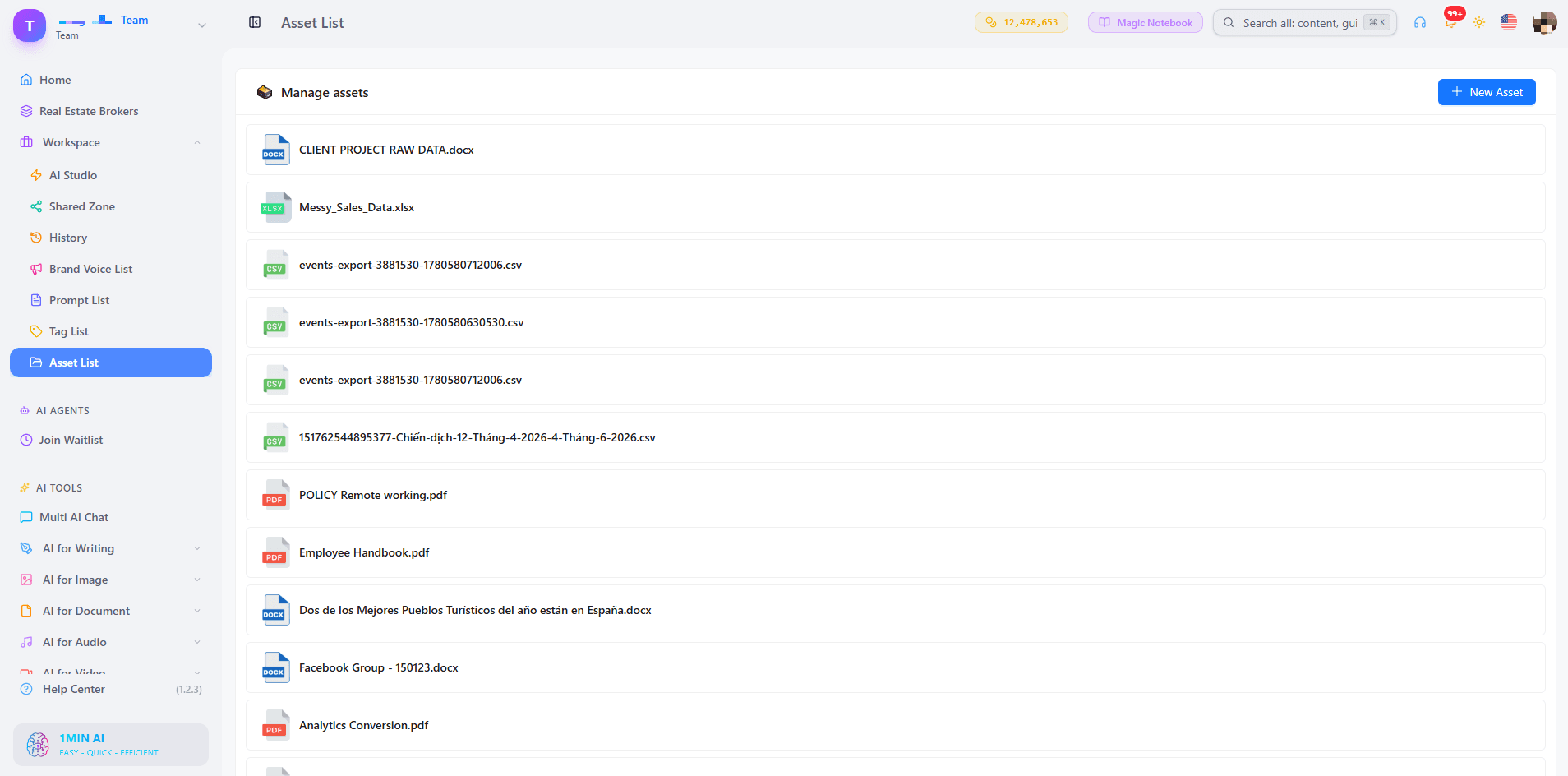 A digital interface displays a file list with various document types and a navigation sidebar.