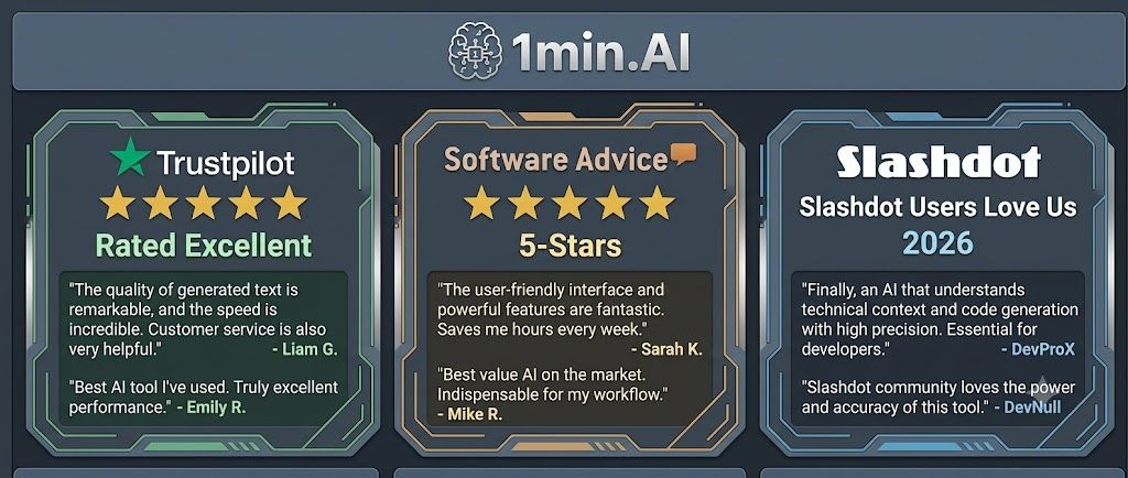 1min.AI showcases excellent reviews from Trustpilot, Software Advice 5-Stars, and Slashdot users.