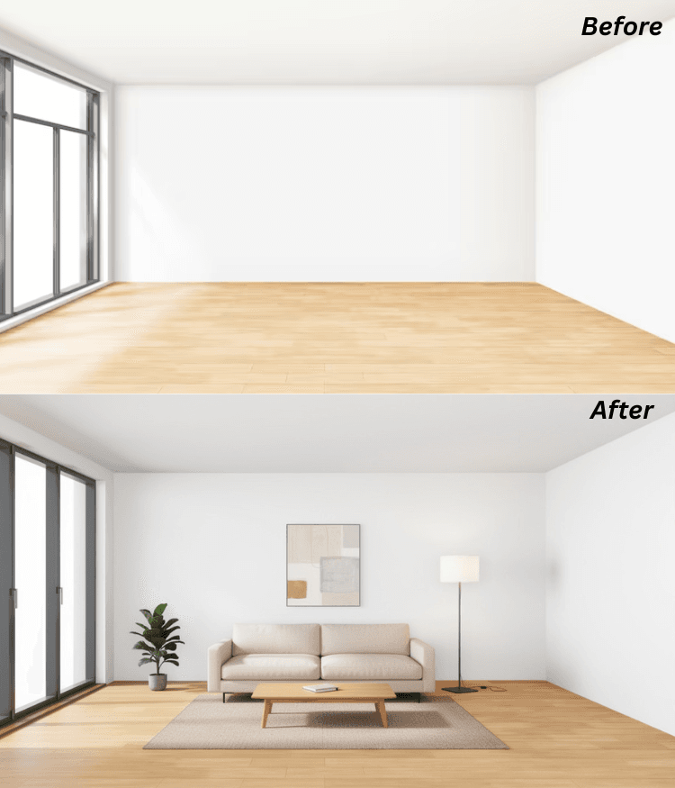 Before and After views of a minimalist room transformed with modern furniture and decor.