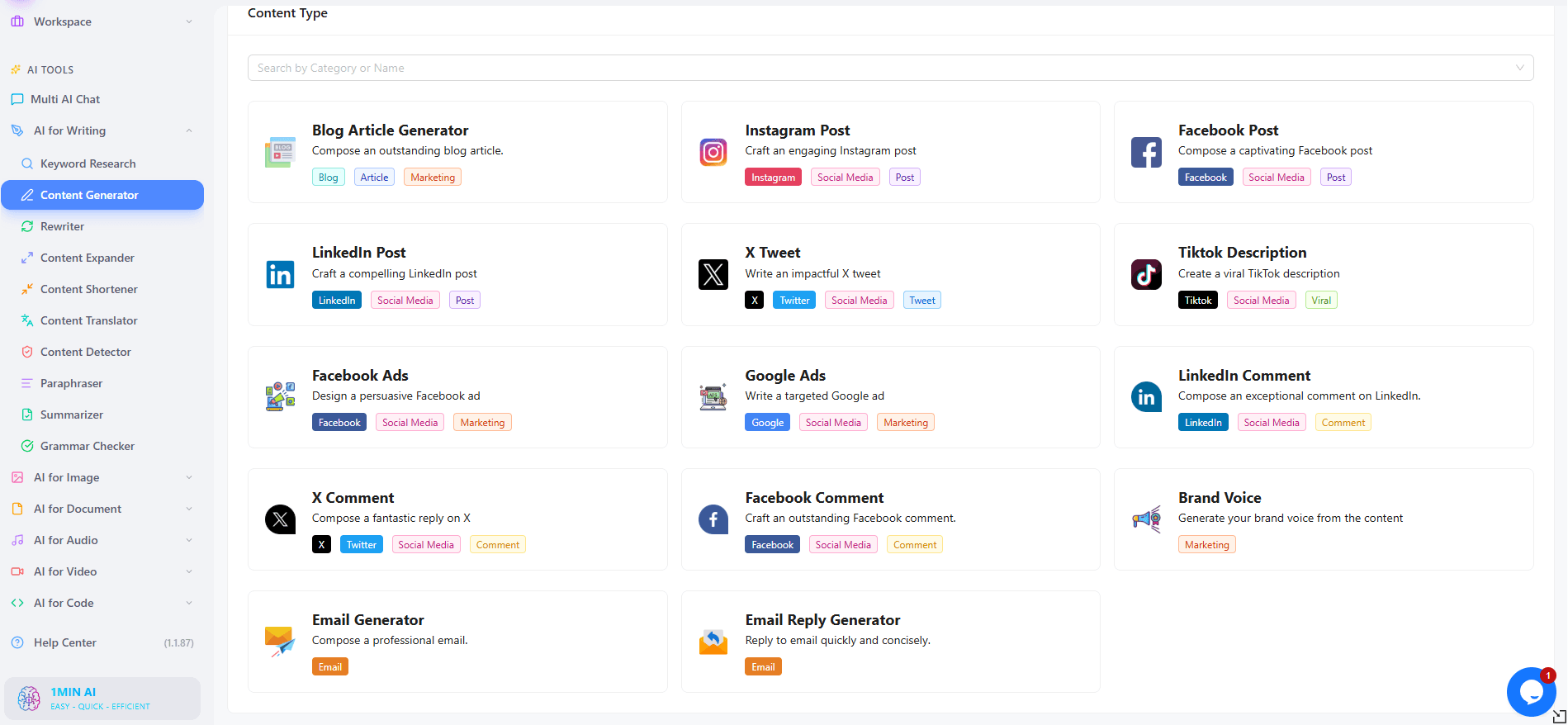 Content generator dashboard with tools for blog articles, social media posts, and advertising copy.