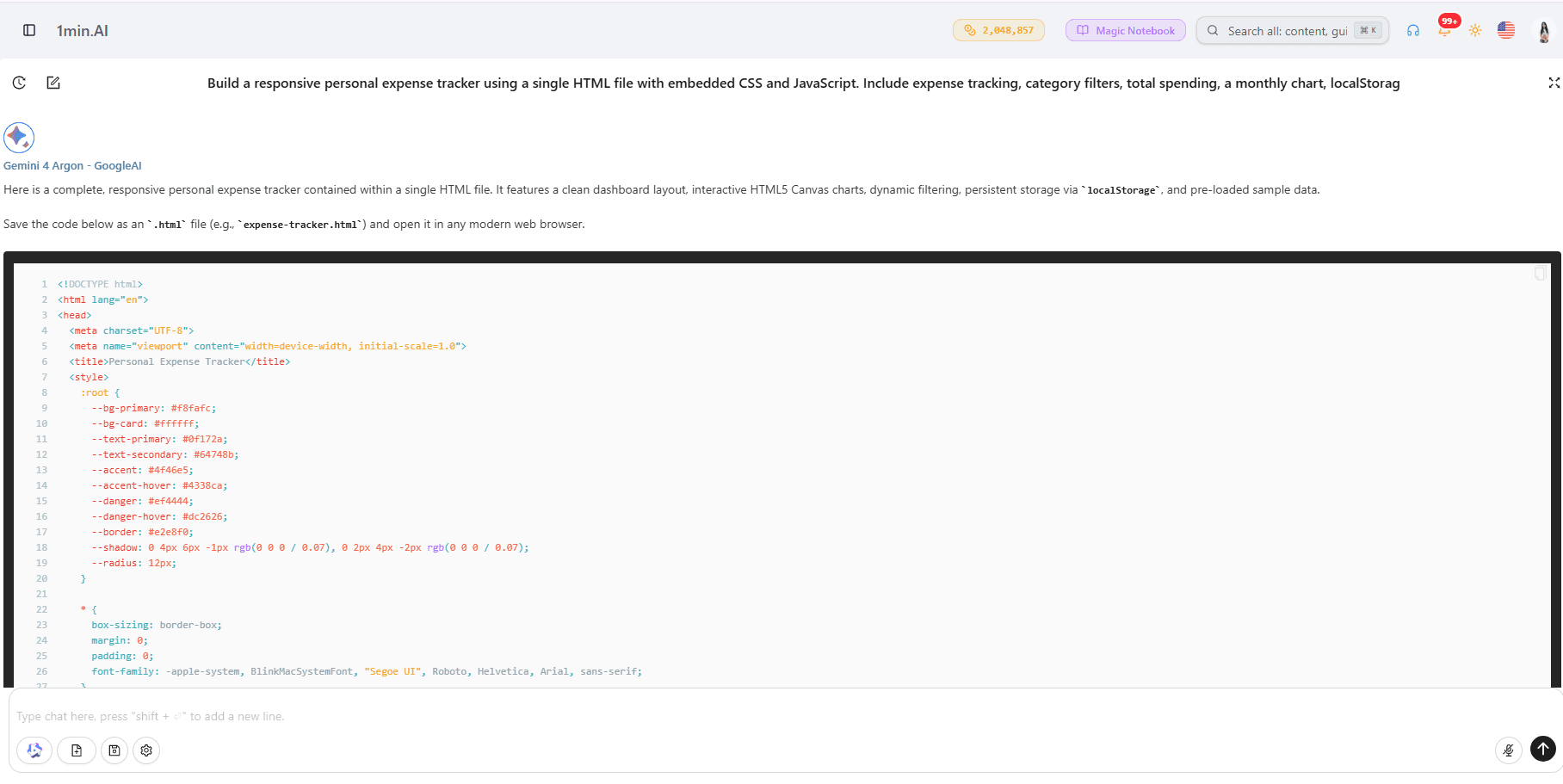 Gemini 4 Argon generating HTML, CSS, and JavaScript code for an expense tracker in 1min.AI Multi AI Chat.