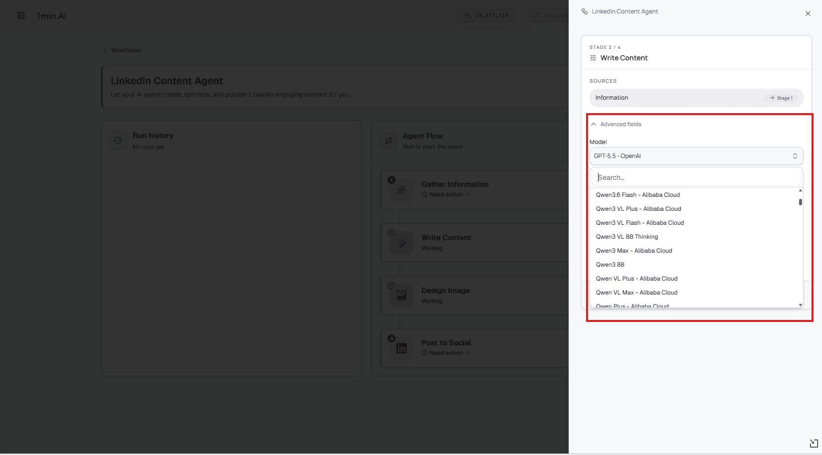 Advanced settings for selecting writing and image models in the 1min.AI LinkedIn Content Agent.