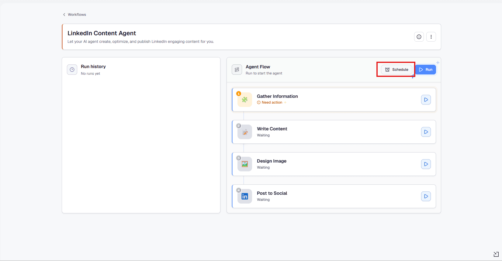 Confirmation that the LinkedIn Content Agent workflow schedule has been saved in 1min.AI.