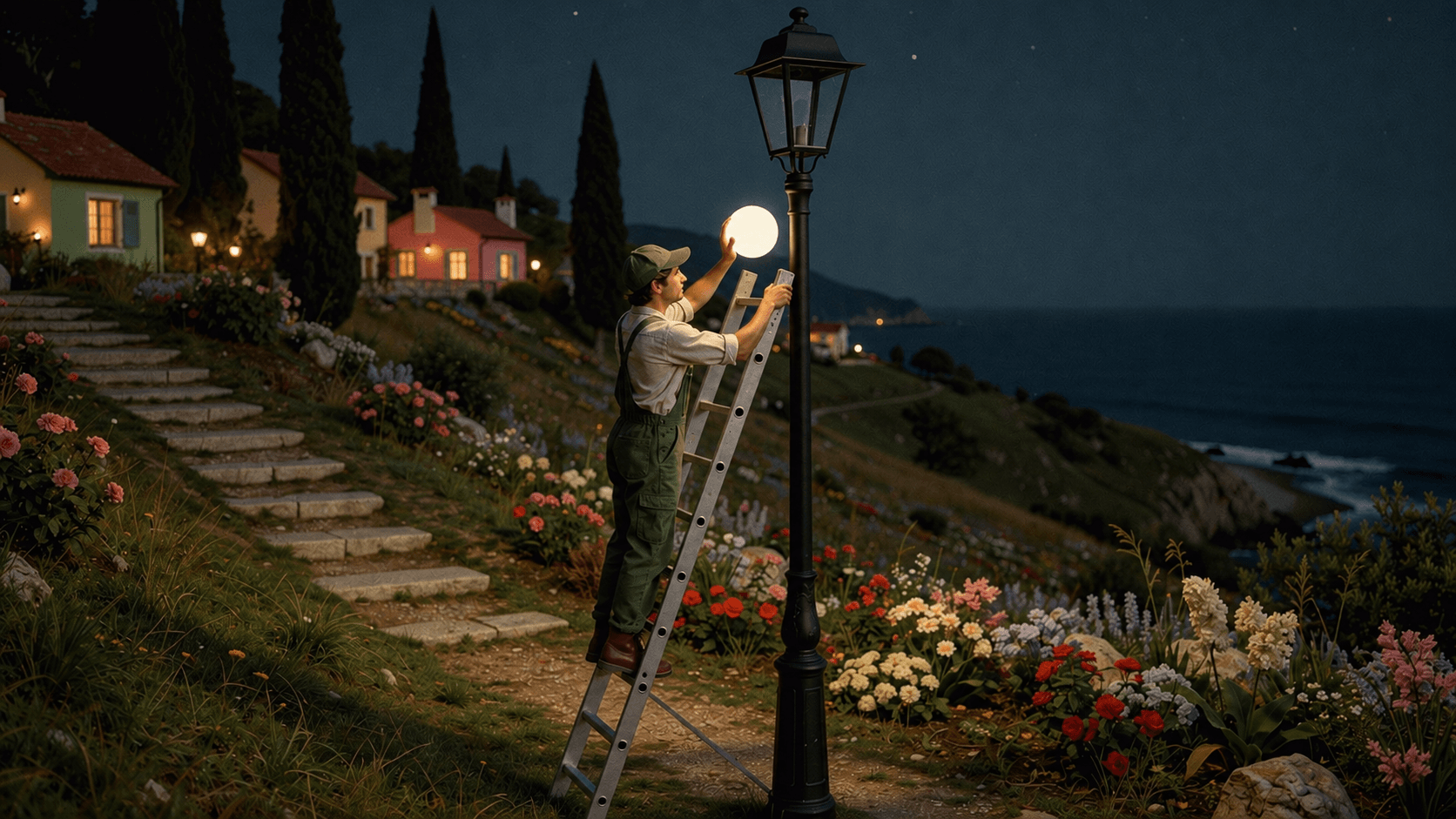 Retro Dreamcore AI prompt result showing a worker installing a glowing miniature sun beside a street lamp in a nostalgic coastal village.