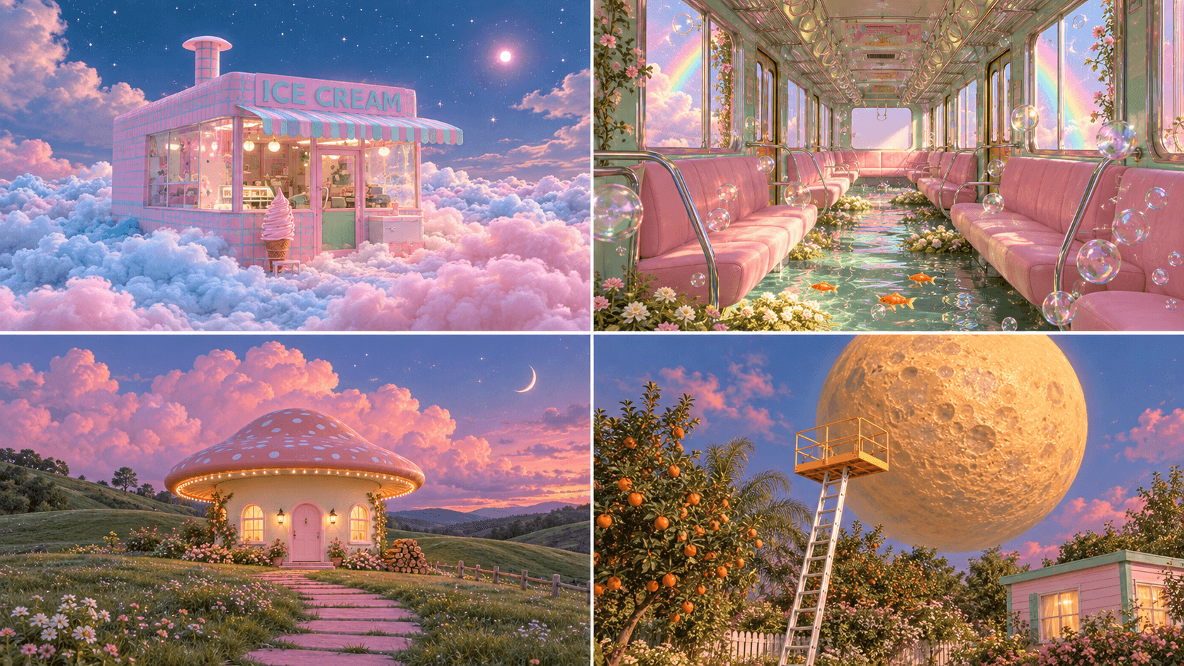 Retro Dreamcore collage featuring dreamy pastel spaces and furniture, including an ice cream shop in the clouds, a pink train interior, a mushroom house, and a surreal moonlit garden.