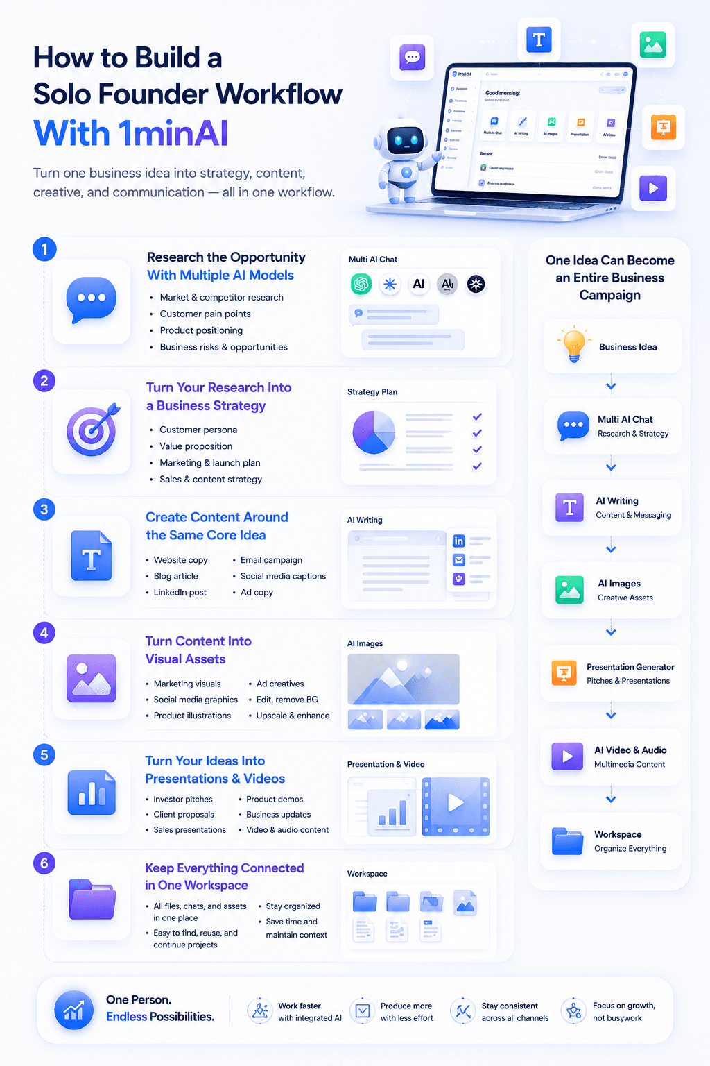 Infographic outlining steps to build a solo founder workflow using 1minAI tools.