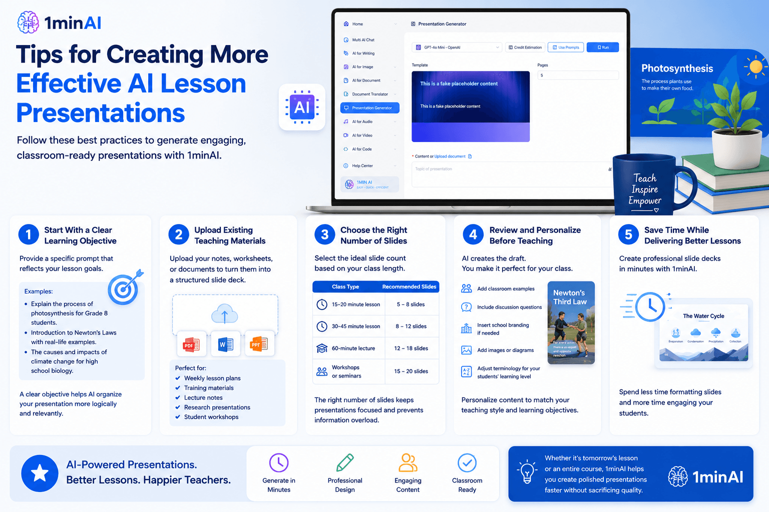 TminAI infographic showing five steps for creating effective AI lesson presentations with visuals.