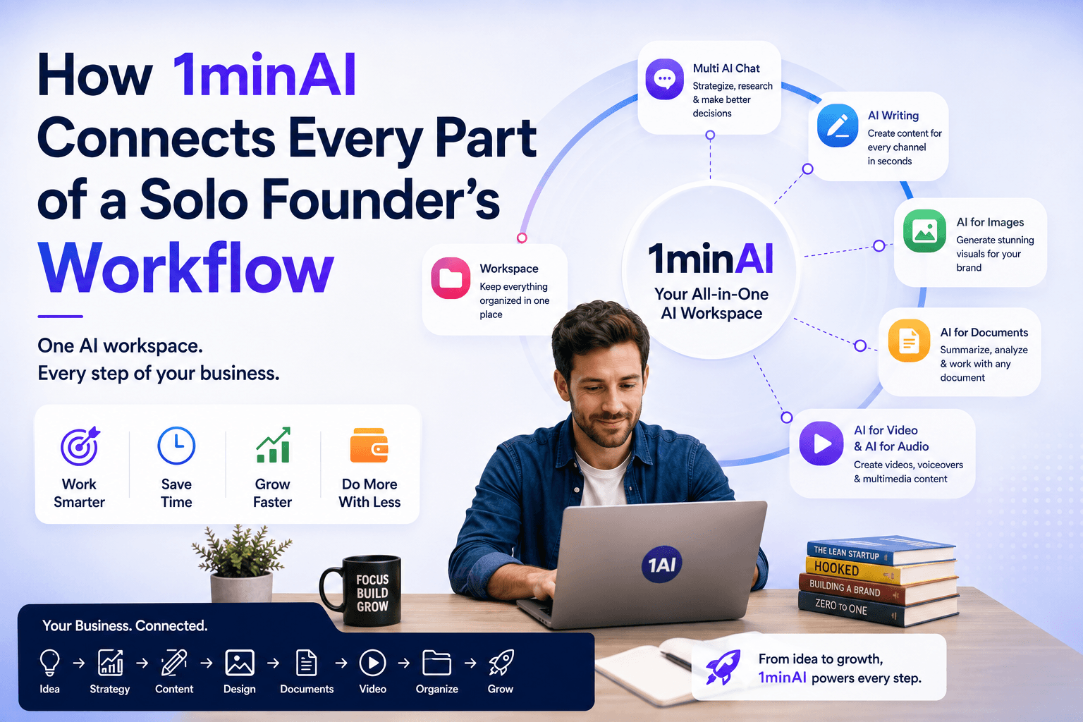 Diagram showing how 1minAI connects a solo founder's workflow with various AI tools.