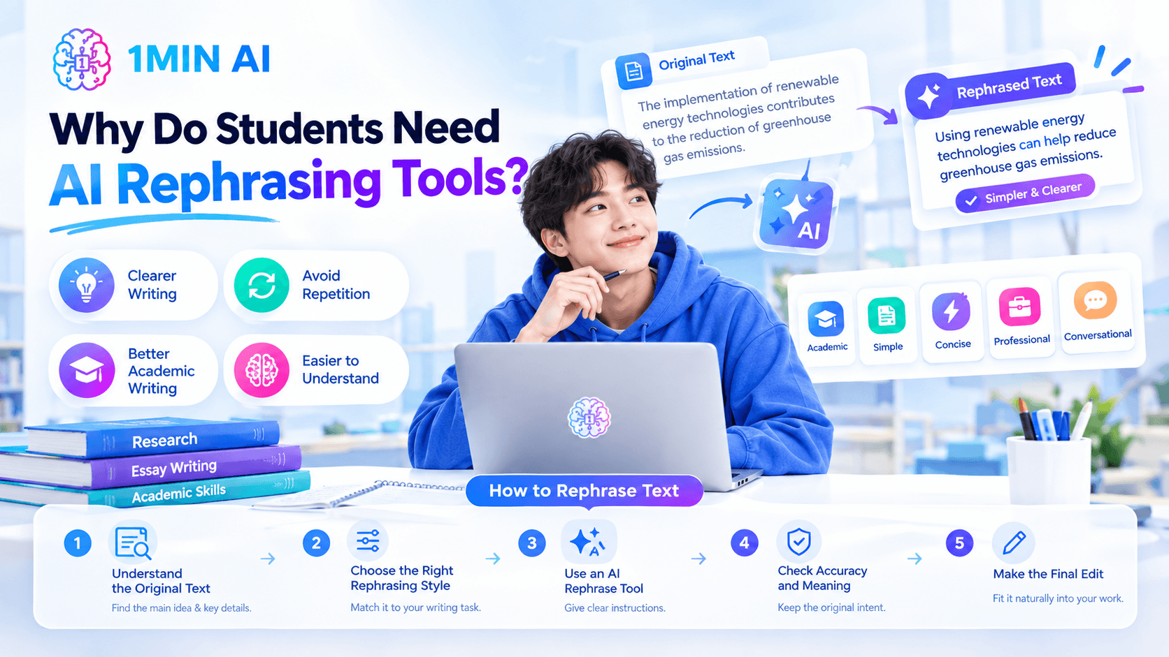 Young student uses a laptop with AI rephrasing tools, showing academic benefits.