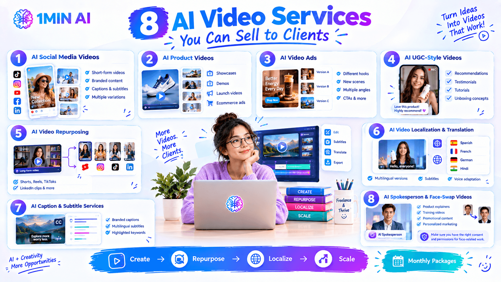 Infographic detailing 8 AI video services that businesses can sell to clients.