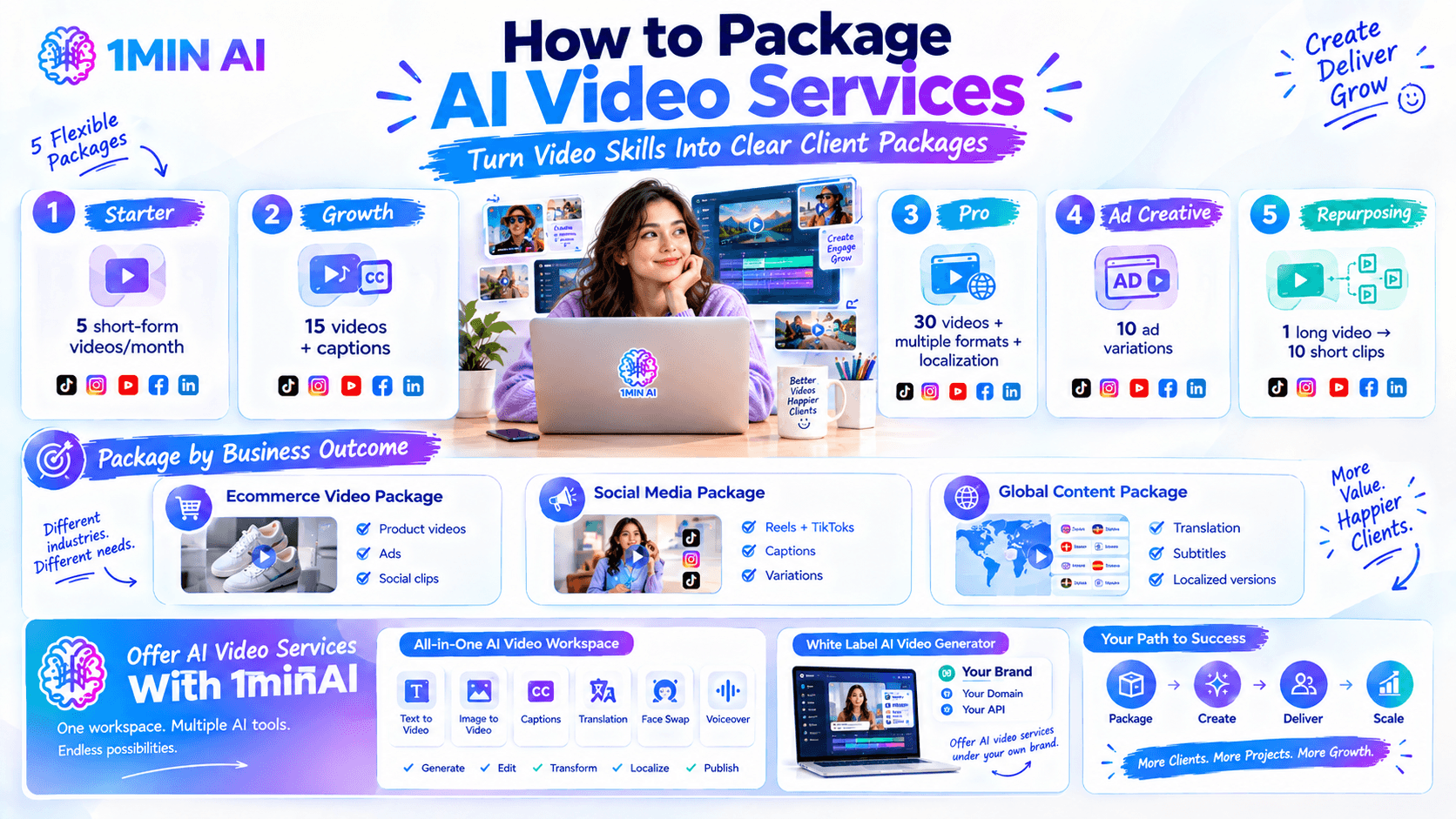 Infographic outlining 1MinAI's AI video service packages for various business outcomes.