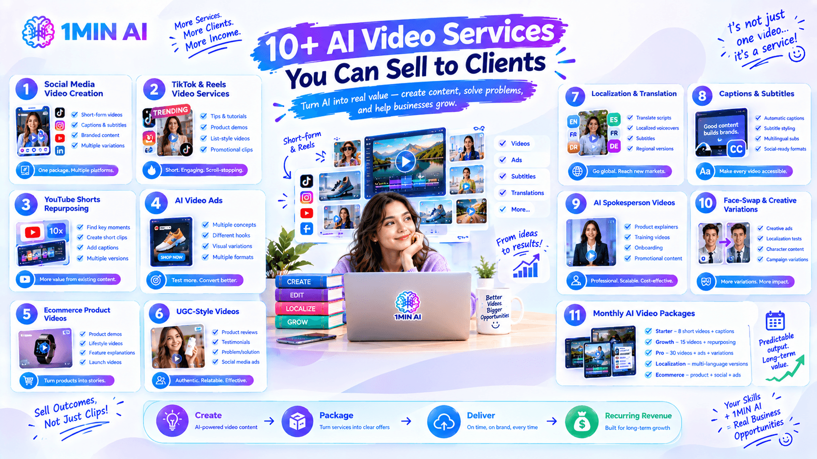 1MIN AI infographic showcasing 10+ AI video services for clients, with workflow and examples.
