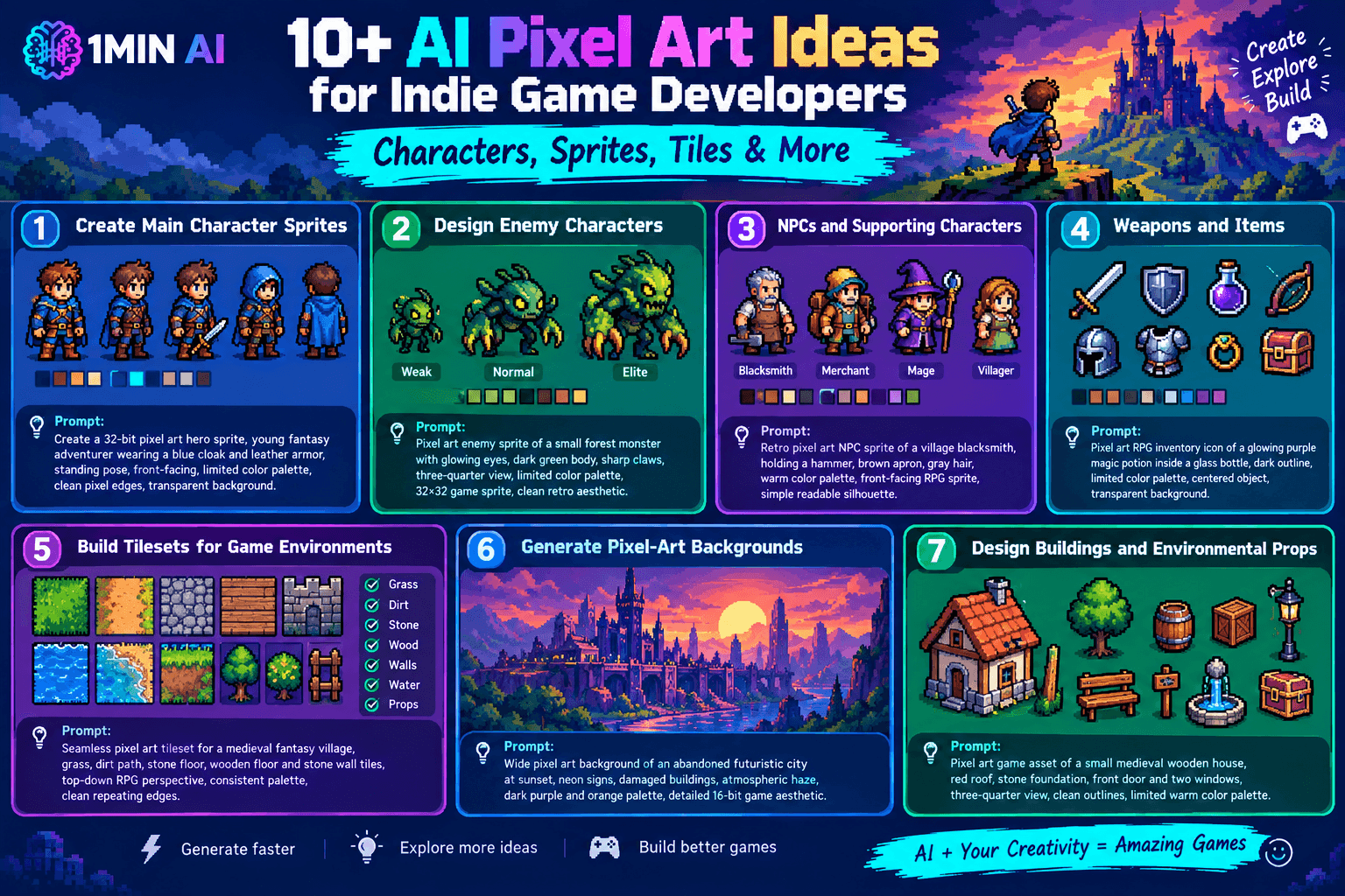 Infographic showing AI pixel art ideas for indie game developers, featuring characters, sprites, tiles, and more.