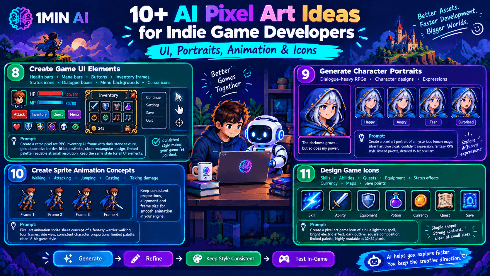 Graphic showcasing AI pixel art ideas for indie game developers, including UI, portraits, animations, and icons.