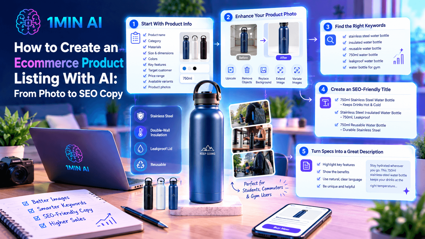 AI vodič za e-commerce oglase proizvoda, od fotografija do SEO teksta, sa bocom za vodu.