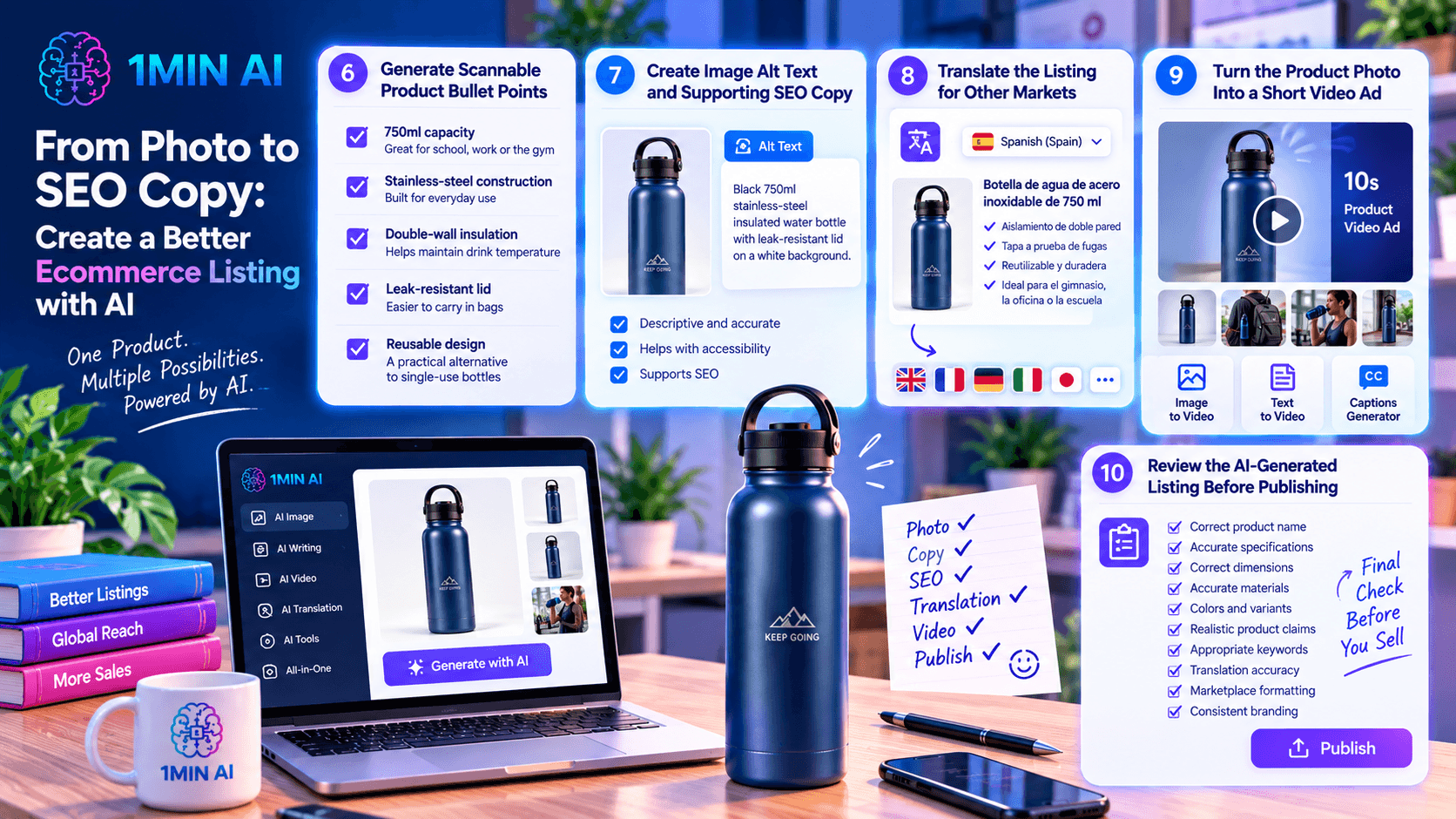 Infografik prikazuje AI korake za kreiranje e-commerce oglasa proizvoda za bocu za vodu.