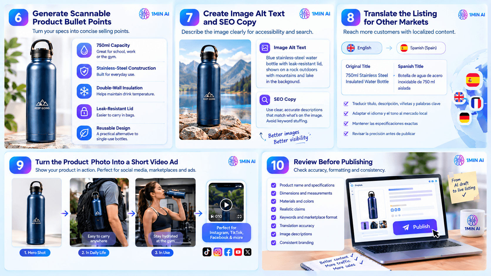 Infographic: steps to optimize a product listing for a blue water bottle.