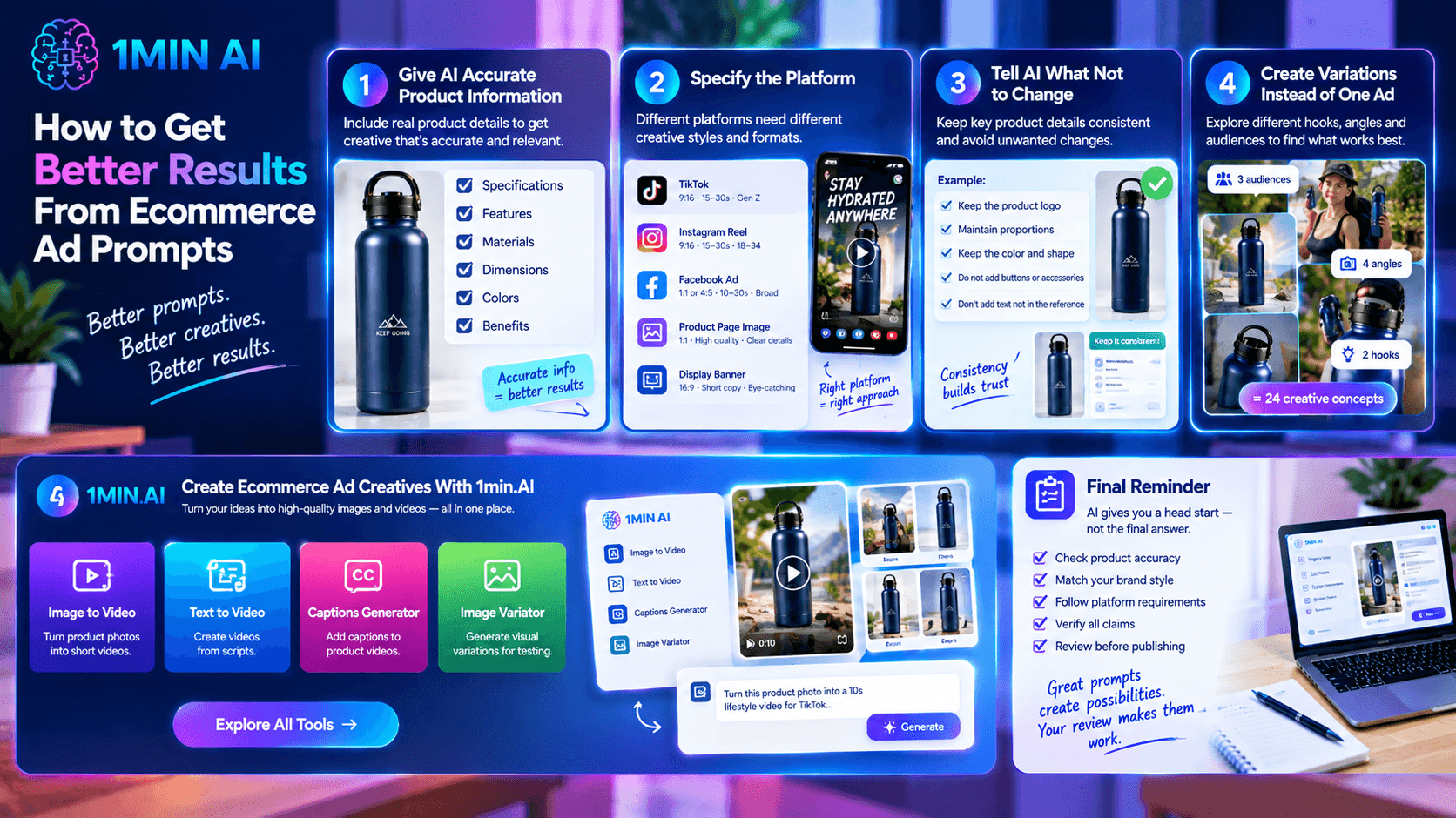 Infographic from 1MIN AI detailing steps to improve ecommerce ad prompt results.