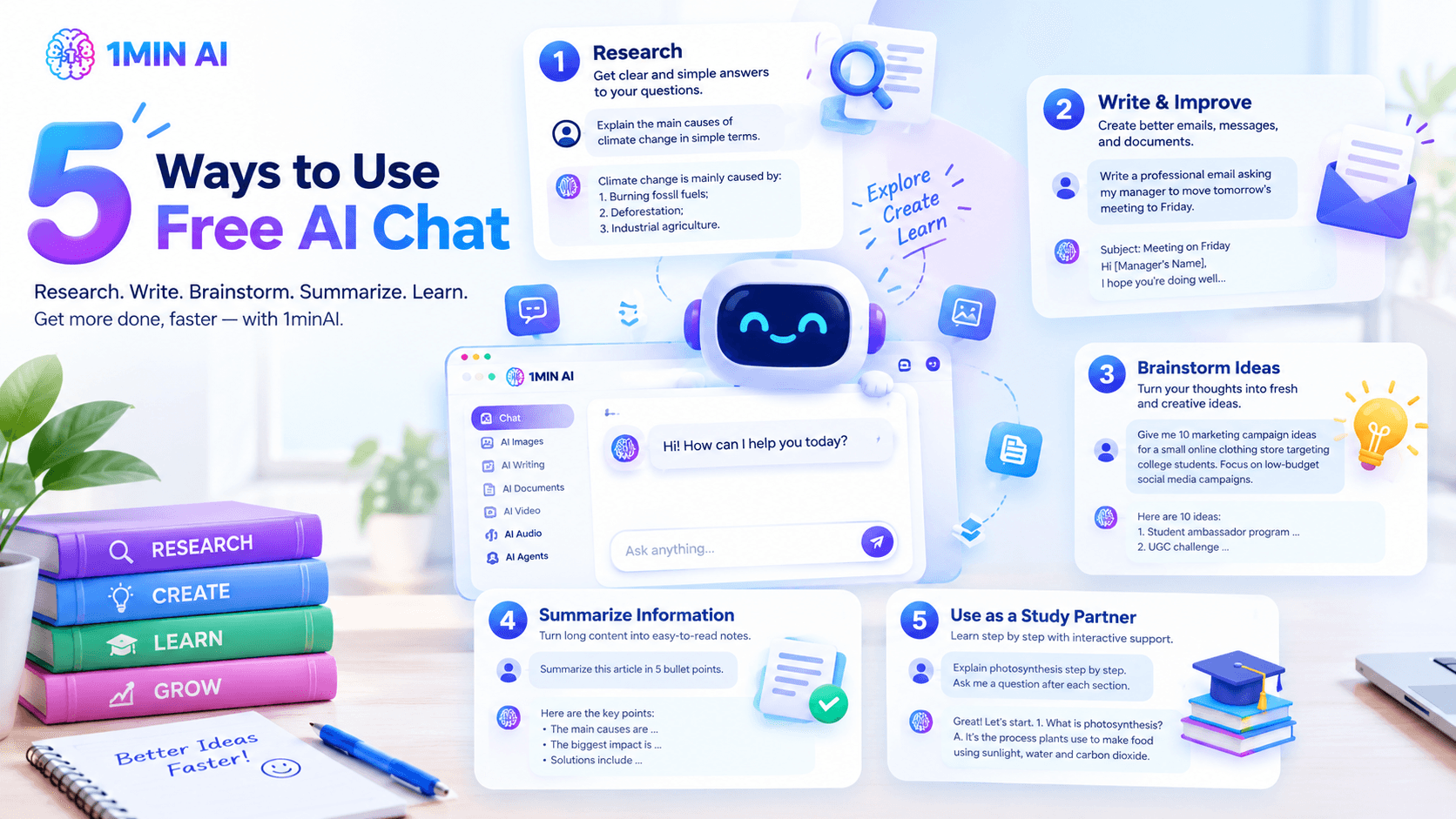 Graphic showing five ways to use free AI chat for research, writing, brainstorming, summarizing, and studying.