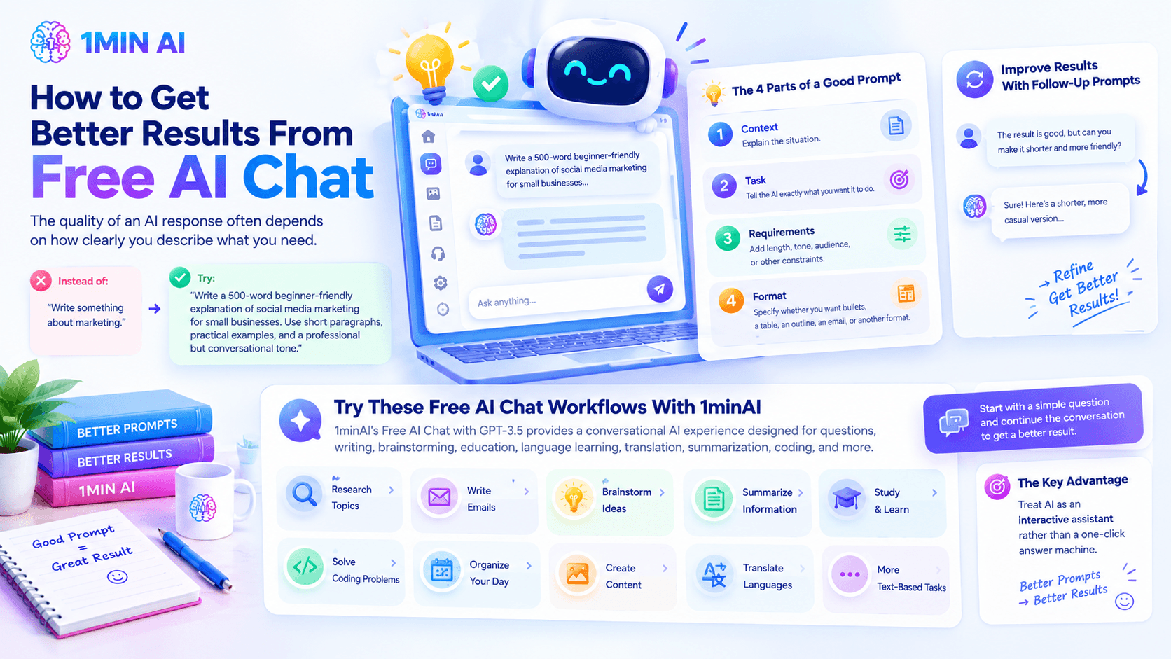 Infographic on improving free AI chat results with prompt techniques and 1MIN AI workflows.