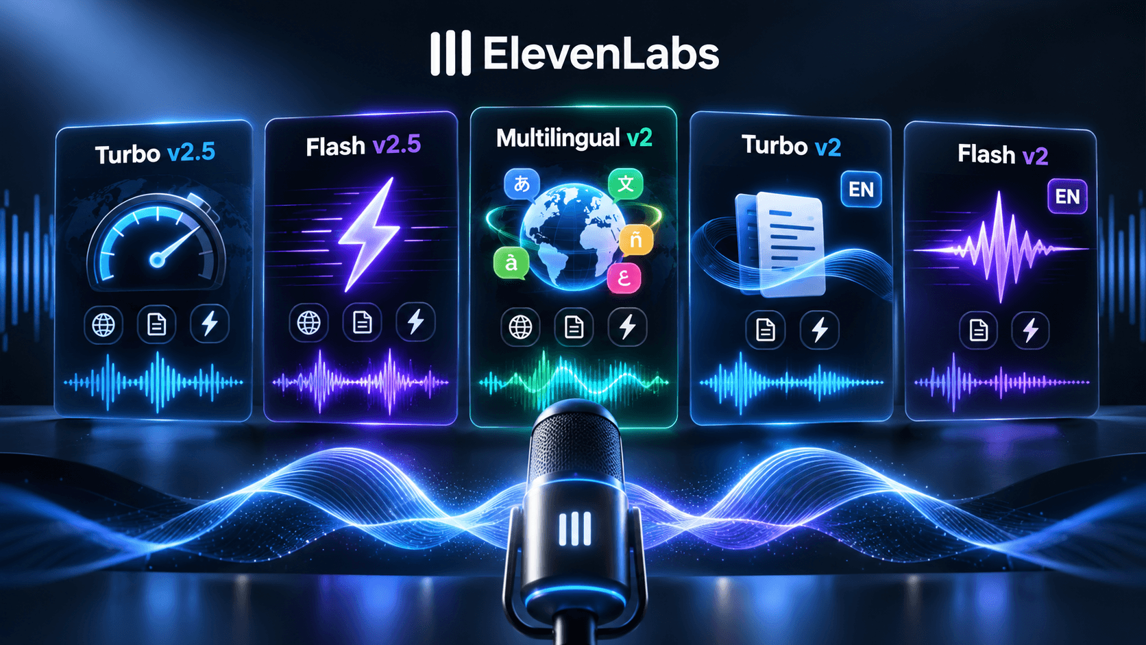 ElevenLabs features including Turbo, Flash, and Multilingual, displayed above a microphone with sound waves.