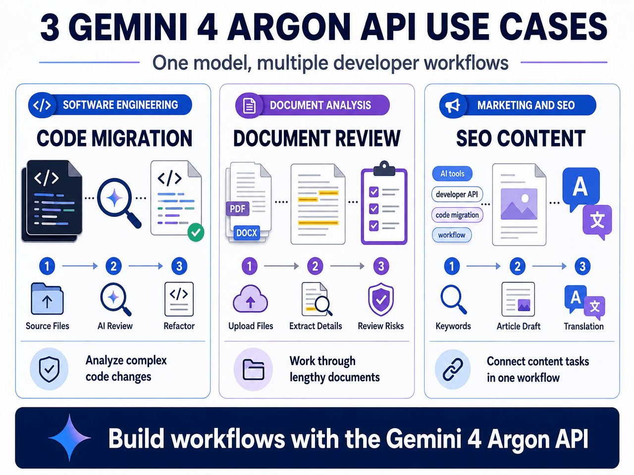 Gemini 4 Argon API use cases: code migration, document review, and SEO content.