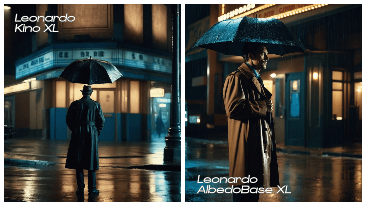 Side-by-side images of a detective holding an open umbrella outside a theater on a rainy night, generated using Leonardo Kino XL and AlbedoBase XL.