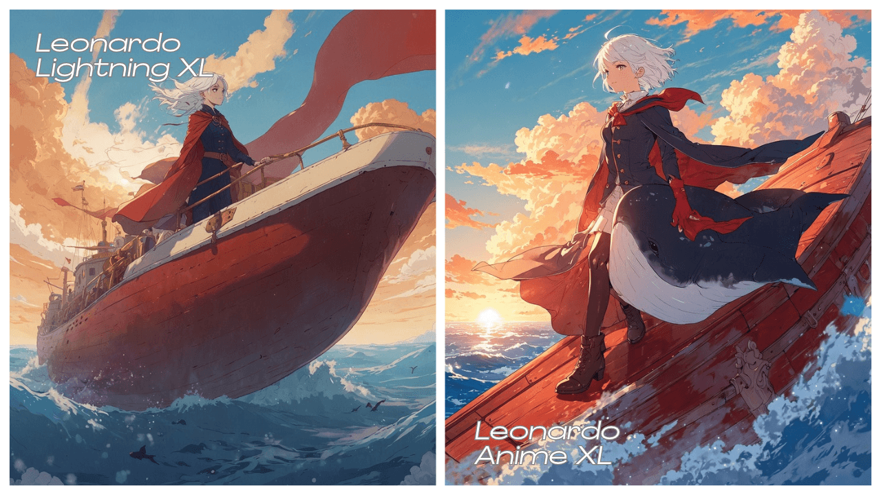 Side-by-side anime images of a white-haired sky captain on a ship, generated with the same prompt using Leonardo Lightning XL and Anime XL.