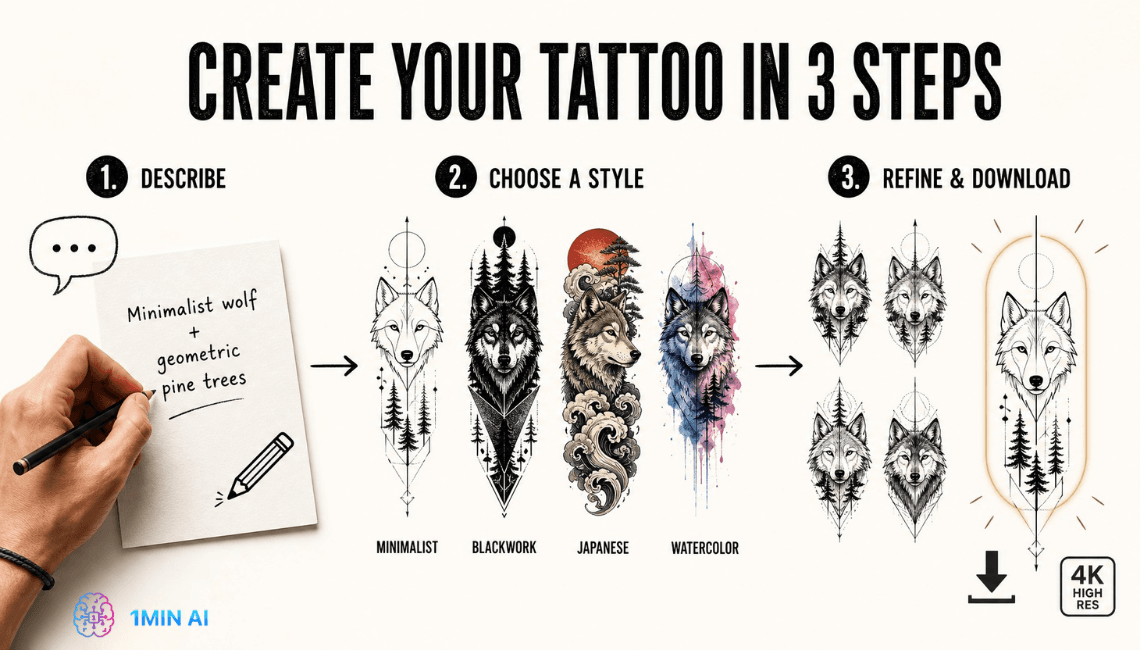 Infographic details three steps to create a custom tattoo: describe, choose style, refine.
