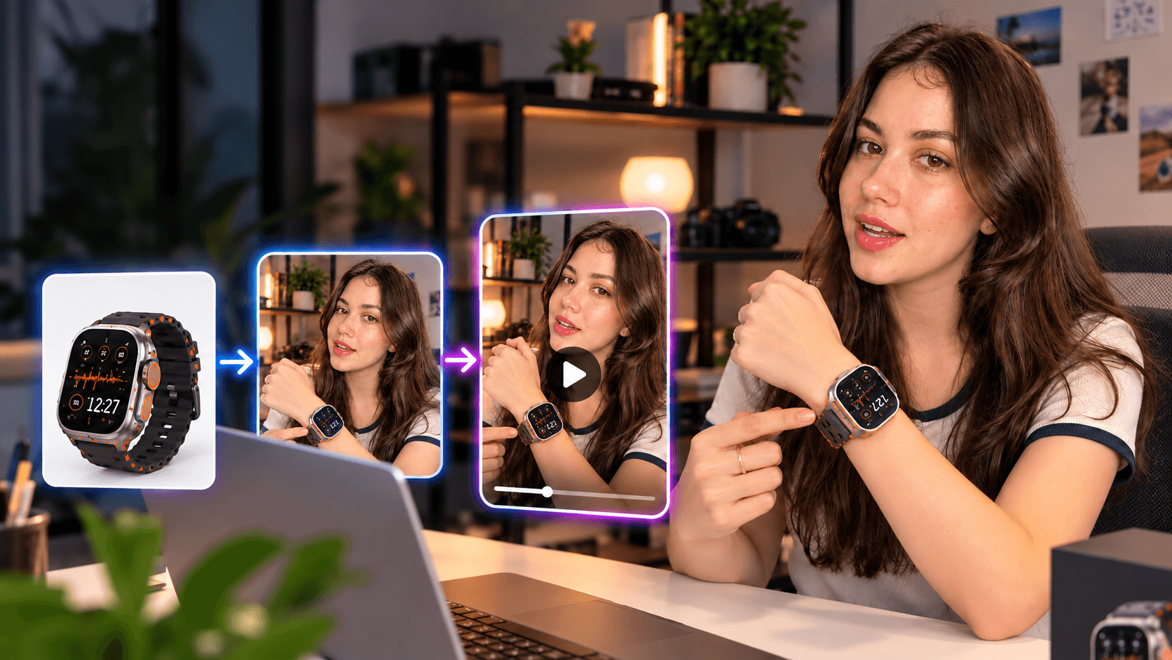 Woman presenting smartwatch with product image and video progression on laptop screen.