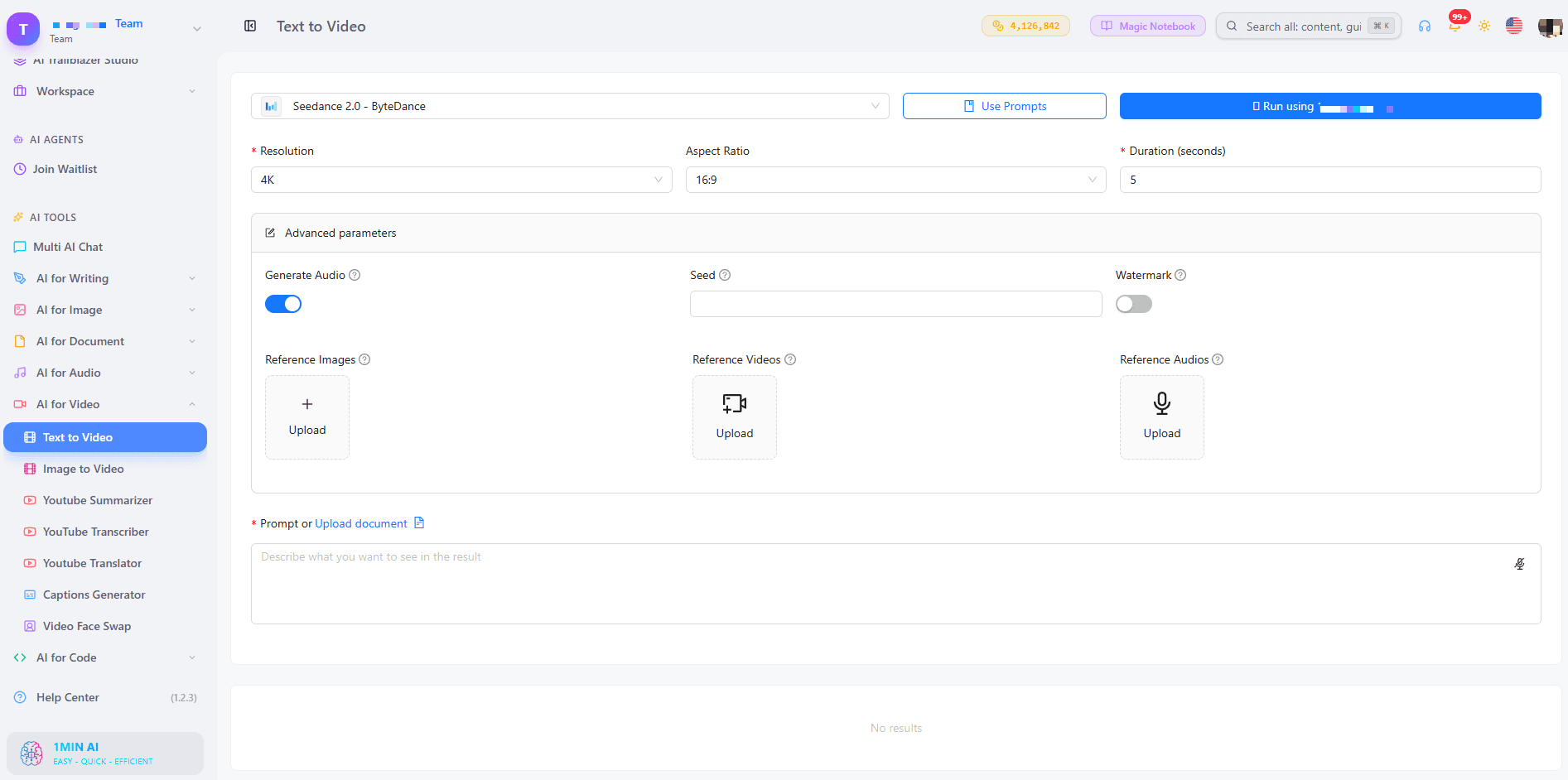 User interface for an AI for Video application, showing upload options for source material.