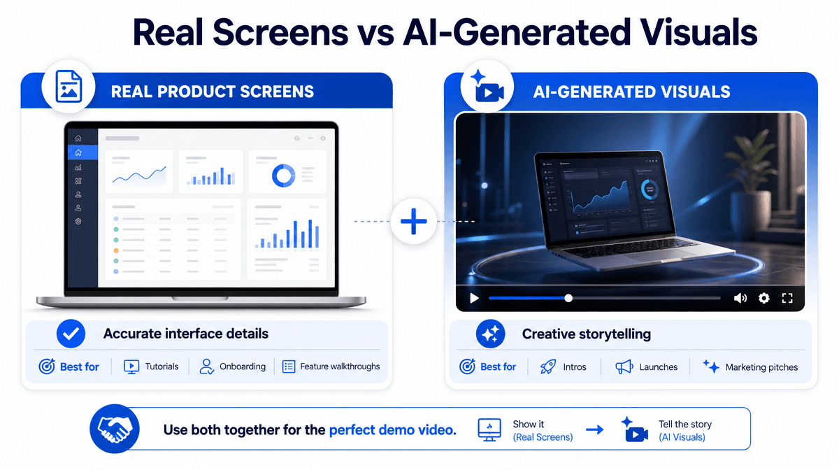 Comparison of real product screens showing dashboards and AI-generated visuals for creative storytelling.